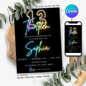 Neon 13th Birthday Invitation