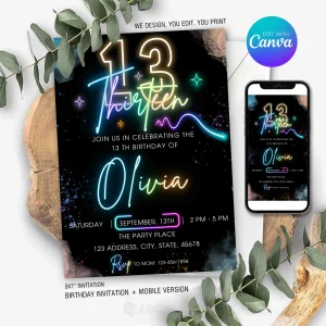 Neon 13th Birthday Invitation