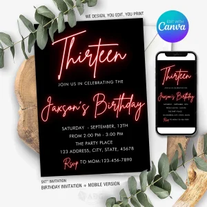 Neon 13th Birthday Invitation