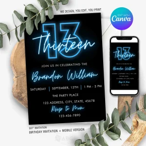 Neon 13th Birthday Invitation