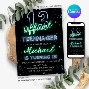 Neon 13th Birthday Invitation