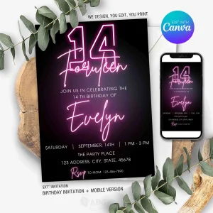 Neon 14th Birthday Invitation