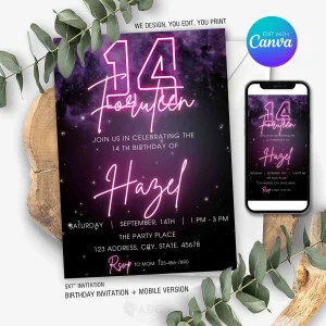 Neon 14th Birthday Invitation