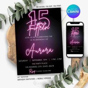 Neon 15th Birthday Invitation