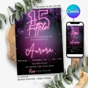 Neon 15th Birthday Invitation