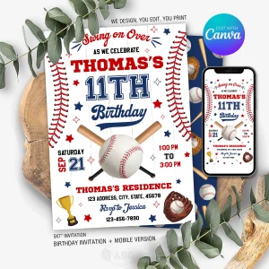 Birthday Baseball Invitation Canva Template. Instant digital invite editable files included